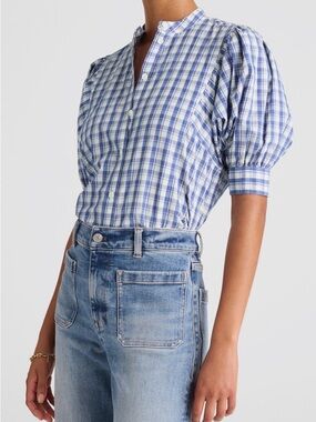 Madewell Blue and White Plaid Puff-Sleeve Button Blouse